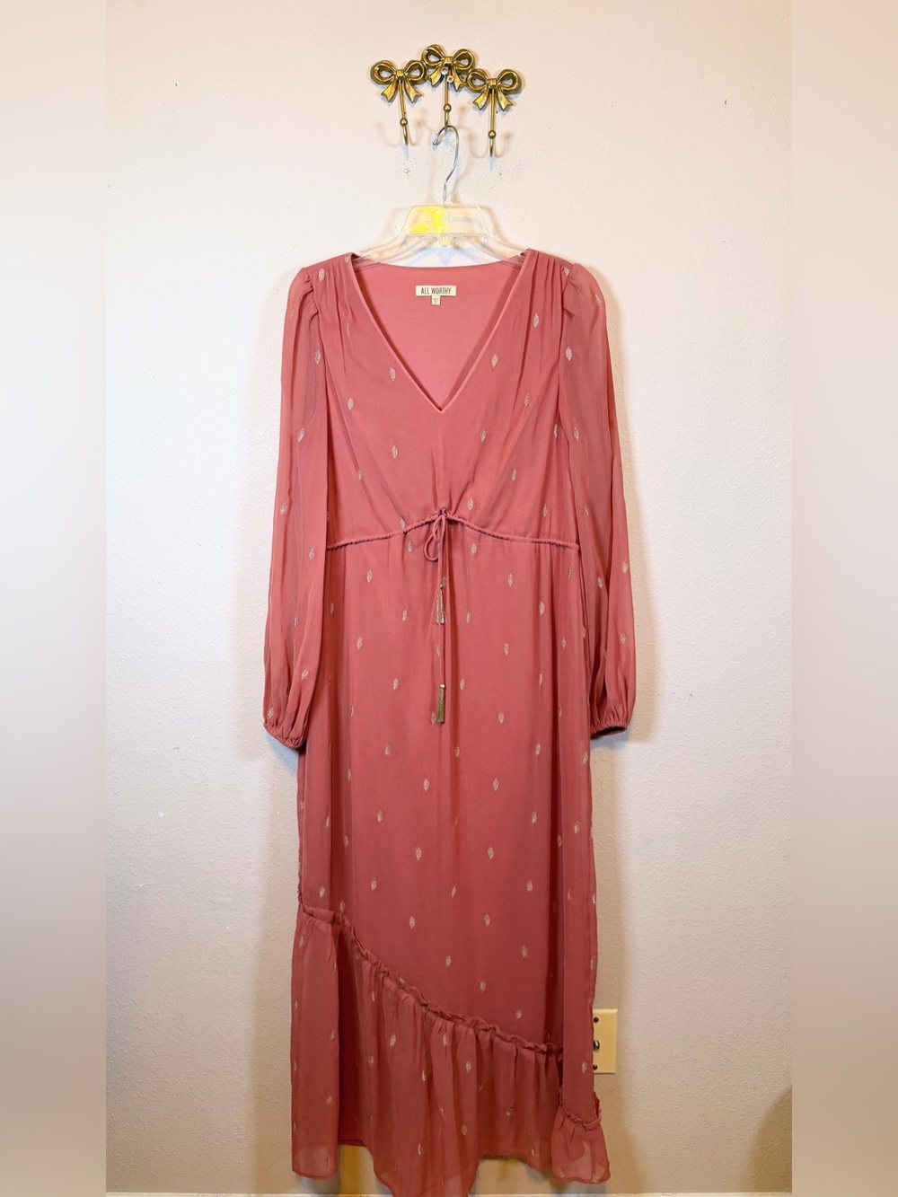 All Worthy Hunter McGrady Gold Leaf Embroidered Chiffon Maxi Dress. Size XS